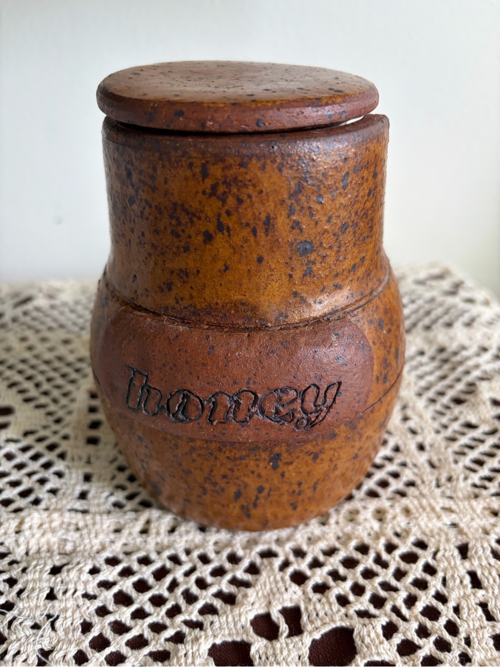 Rustic Honey Jar with Lid - Brown Speckled Stoneware
